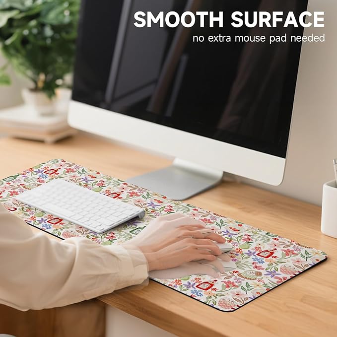 Botanical Floral Desk Pad Blotter,Large Mouse Pad 35 x 17in,PU Leather Desk Mat Writing Pad Protector, Non-Slip Waterprrof,Desktop Decor for Home Office Women Girls (Spring Blossoms)