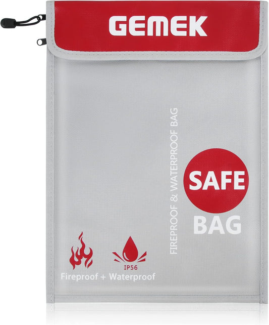 Fireproof Document Bag (2000℉) Upgraded 2 Pockets, GEMEK 15”x 11” Fireproof and Waterproof Money Bag Fireproof Safe Storage for Money, Documents, Jewelry and Passport (Silver - 2 Zipper)