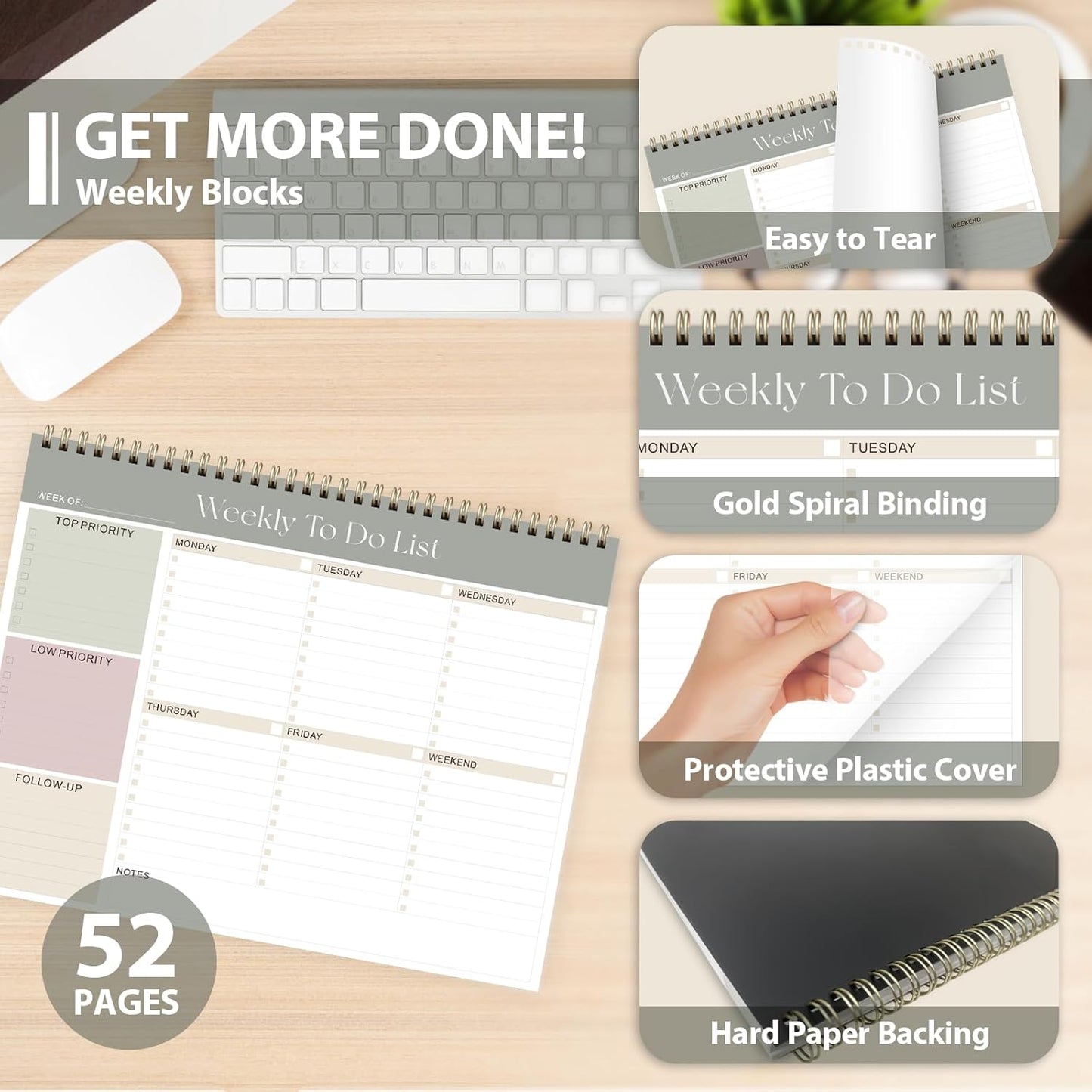 Weekly To Do List Notepad, Undated Planner with 52 Sheets (8.5''x11''), Desk Weekly Planner for Women & Man, Home School & Work