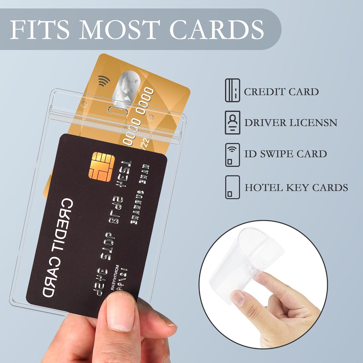 50 Pcs Vertical Clear ID Badge Holders, 3.5×2.5 Inch Waterproof PVC Plastic Badge Holders with Resealable Zip, Fits RFID/Proximity/Badge Swipe Cards, Credit Cards, Office, School, Events