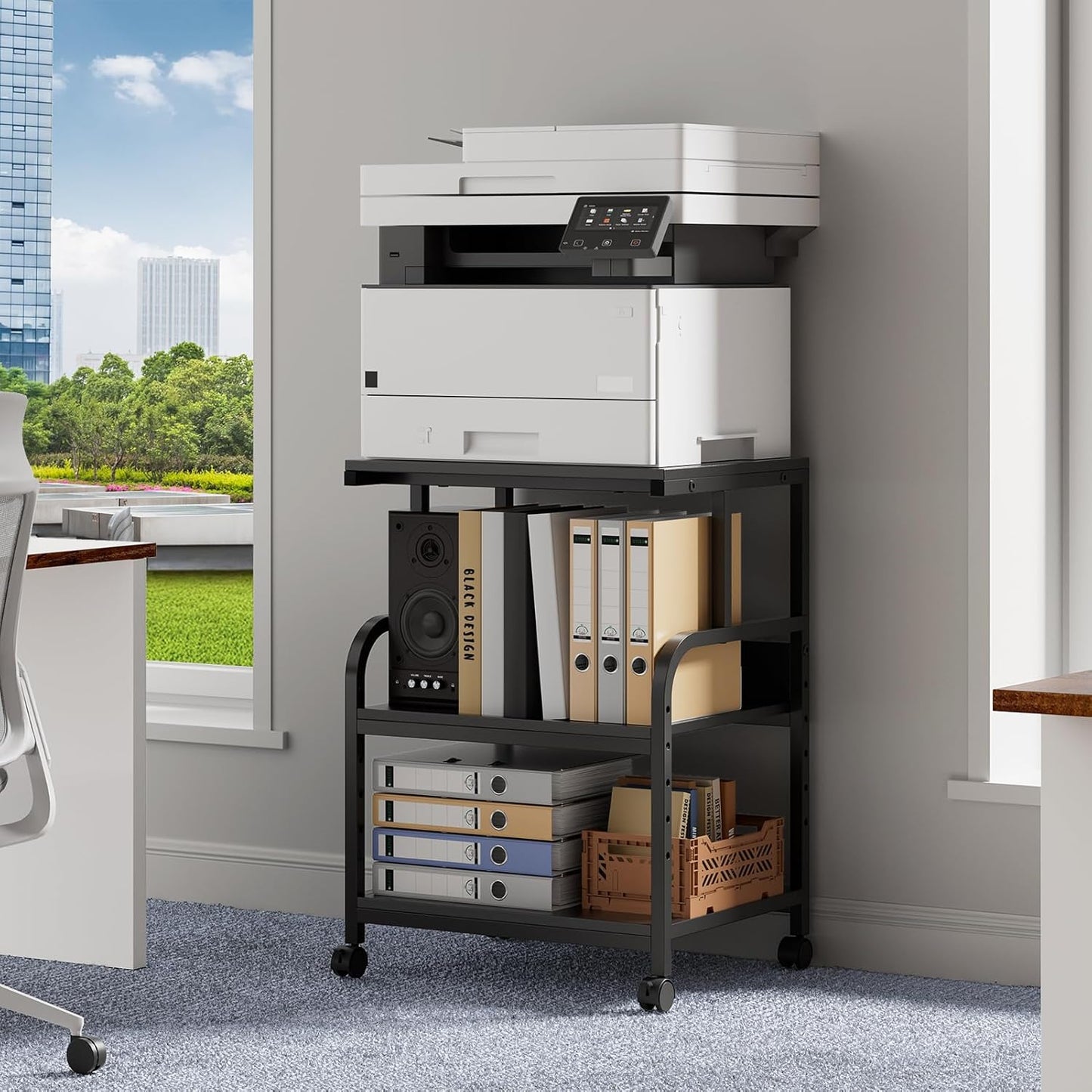 Warmiehomy Printer Stand, 19.68×15.75×27.55 Printer Table with Adjustable Storage Shelf, 3 Tier Rolling Cart with Wheels, Space Saving Desk for Home Office, Mini Fridge & Heat Press Stand, Black