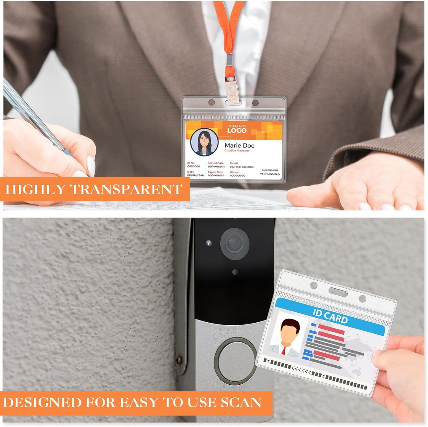 Marspark 100 Sets Clear Name Tags with Lanyard, Lanyards for ID Badges Reusable Strap with ID Holder Plastic Name Badges for Adults Business School Church Conference (Orange)