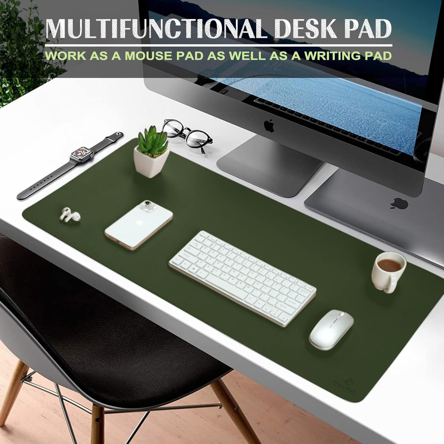 K KNODEL Large Office Leather Desk Mat, Mouse and Keyboard Pad, Computer and Laptop Mat, Desktop Protector and Cover, Writing Pad and Blotter (35.4"x17", Dark Green)