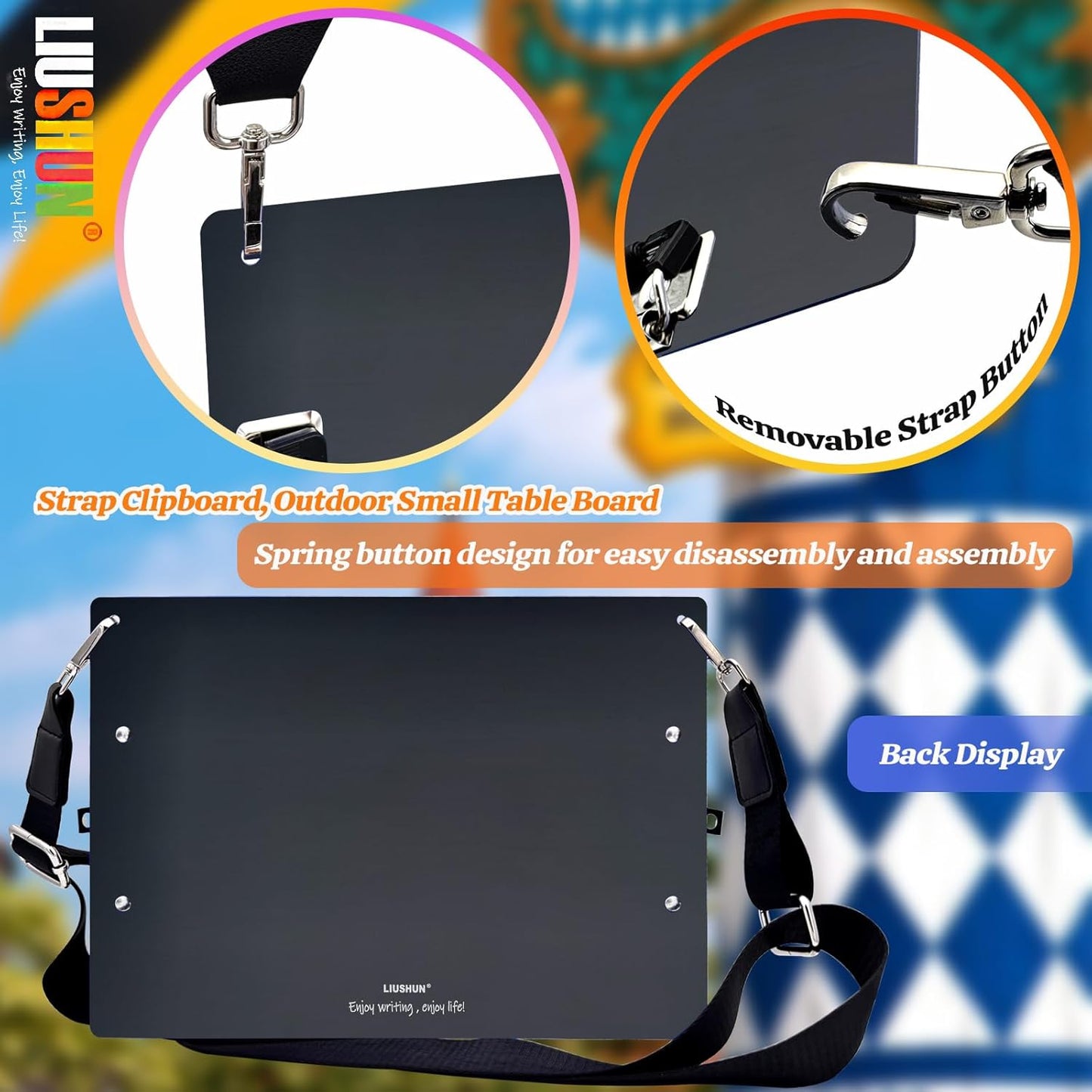 Aluminum Metal Clipboard with Detachable Adjustable Shoulder Strap A4 Double Clip Board Stainless Hangable w/Pen Holder Letter 9" x 12.6" for School Office Business Factory (Black-with Strap, A4)