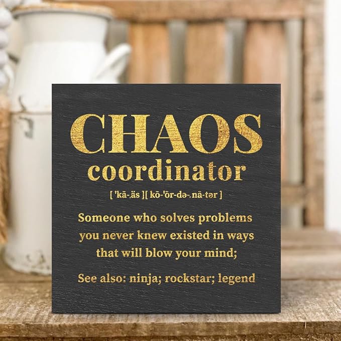 Chaos Coordinator Gifts Office Decor Wooden Box Sign, Administrative Professional Day Gifts Thank You Gifts for Boss Coworker Nurse Decorative Office Desk Accessories Table Shelf Plaque Sign, Black