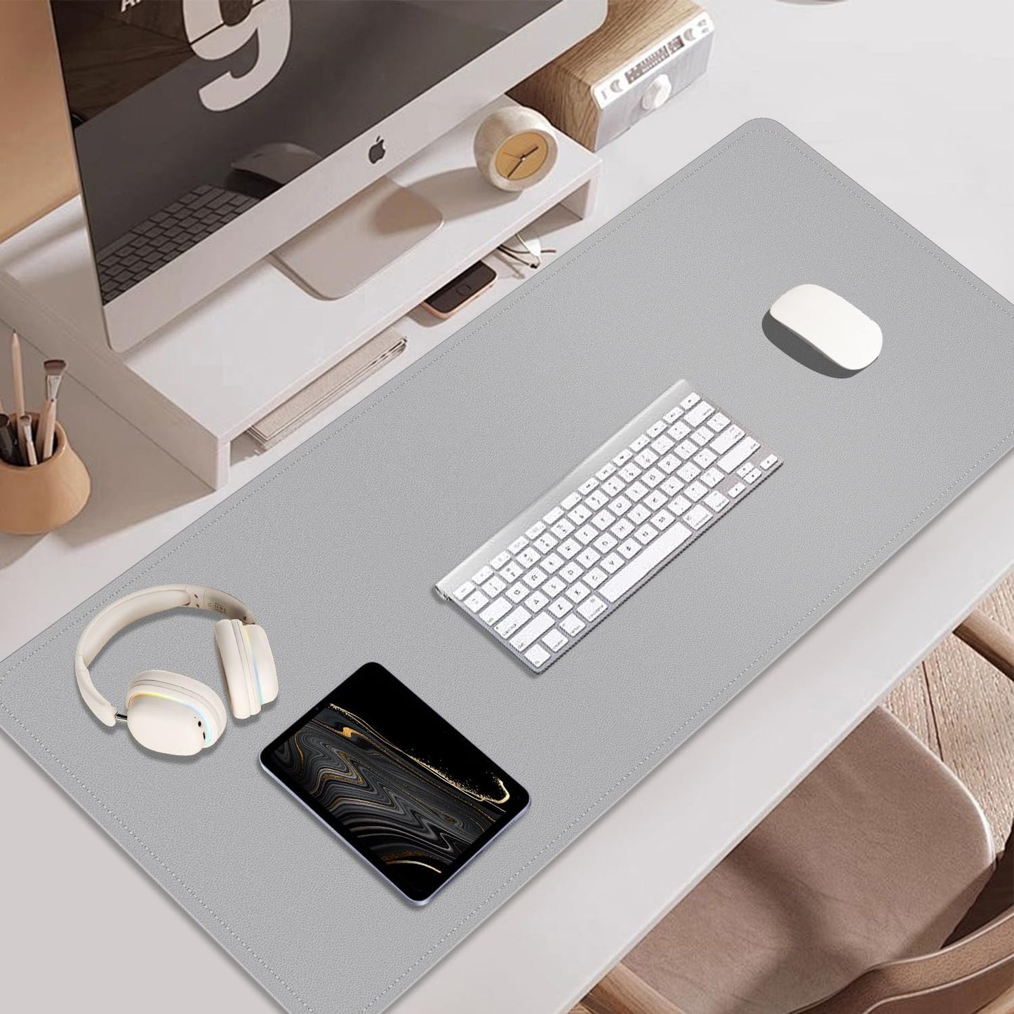 BLESWIN Large Desk Pad 35.4"" x 17"", Non-Slip Desk Mat with PU Leather & Natural Cork, Waterproof Writing Desk Natural Cork, Computer Mat Desk Protector for Office Home, Light Grey