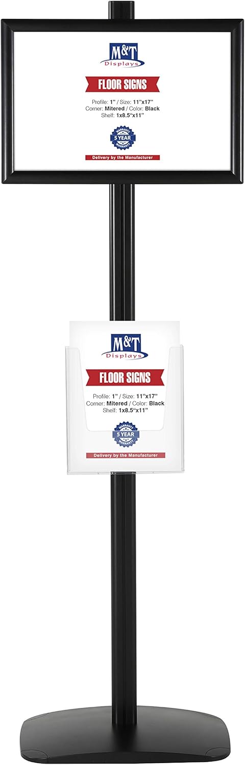 M&T Displays Free Standing Aluminum Display Stand Single Sided Document Brochure Sign Holder Front Loading Portrait Landscape Black Snap Frame 1x(11x17) and Clear Acrylic Pocket 1x(8.5x11) Inch