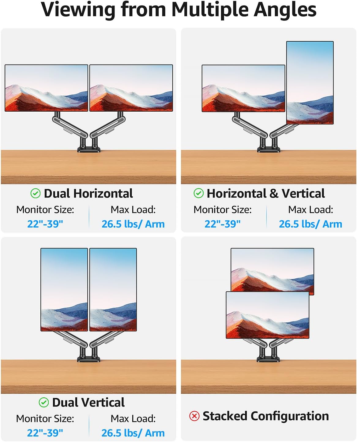 MOUNTUP Dual Monitor Mount Holds 4.4-26.5lbs, Heavy Duty Monitors Arm for 39 37 34 32 27inch, Gas Spring Monitor Stand for 2 Monitor, Height Adjustable Monitors Desk Mount with C-Clamp＆Grommet Base