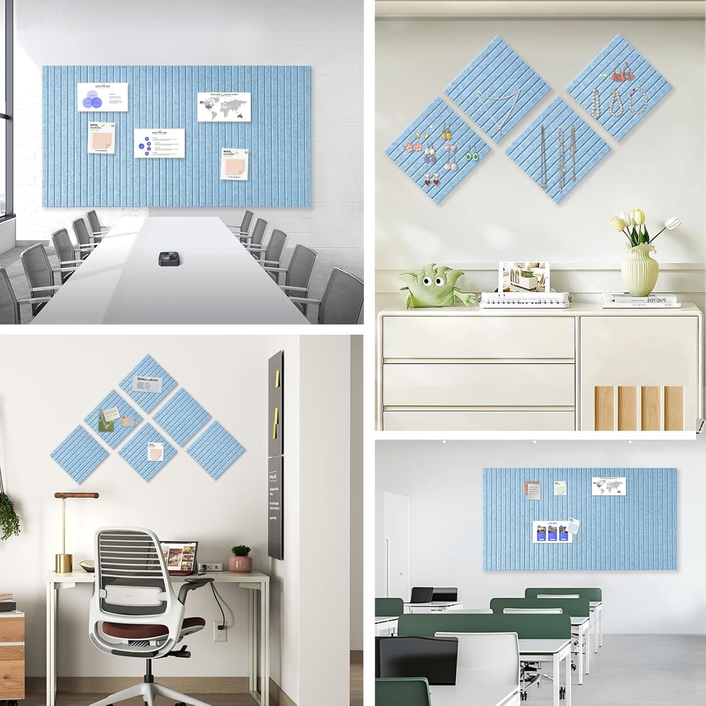 Large Cork Board for Office, 8 Pack Felt Wall Tiles with Slat Wall Paneling, Felt Bulletin Board Pin Board Cork Boards for Walls - Light Blue
