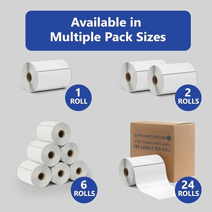Mobile Printer Labels 4x6 - Printable Thermal Shipping Address Labels Compatible with Zebra Printers - Thermal Label Printer Paper 0.75-inch core with 105 Labels per Roll (6 Rolls)