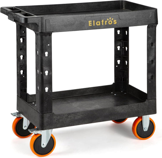 ELAFROS 2-Tier Heavy Duty Plastic Utility Cart, 34" x 17", Work Cart with Tub Storage, Deep Shelves, 2 Fixed 2 Swivel Wheels, Holds up to 550 lbs, 6" Casters, Service Cart for Warehouse