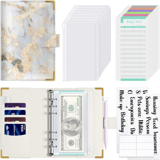 Rnivvi Budget Binder with Zipper Envelopes, A6 Money Saving Binder Cash Envelopes for Budgeting, PU Leather Planner Money Organizer for Cash Bills, Cute Marble System Wallet for Women, Gray White