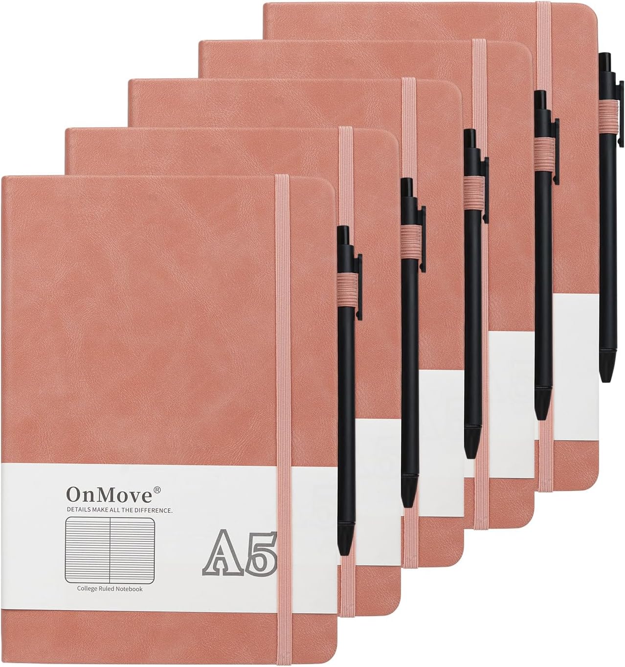 Notebooks Journal for Women Men 5 Pack Bulk Leather Hardcover with Pen Holder A5 160 Pages 100 GSM Thick Paper for Work School Lined Pink