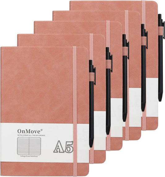 Notebooks Journal for Women Men 5 Pack Bulk Leather Hardcover with Pen Holder A5 160 Pages 100 GSM Thick Paper for Work School Lined Pink
