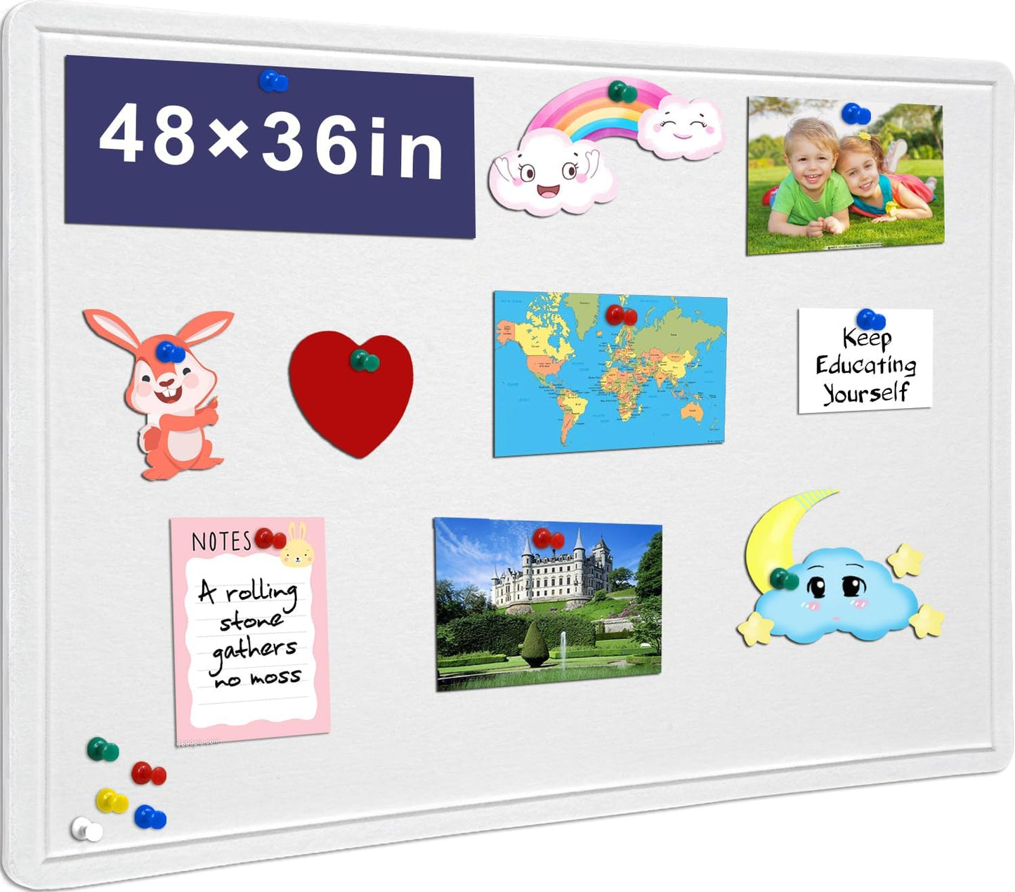 Large Bulletin Board, 48 X 36 inches Felt Board Notice Pin Board,4' x 3' Cork Board Alternative for Wall, Self-Adhesive Vision Board Mood Board Foldable Photo Board with 30 Pushpin-Warm White