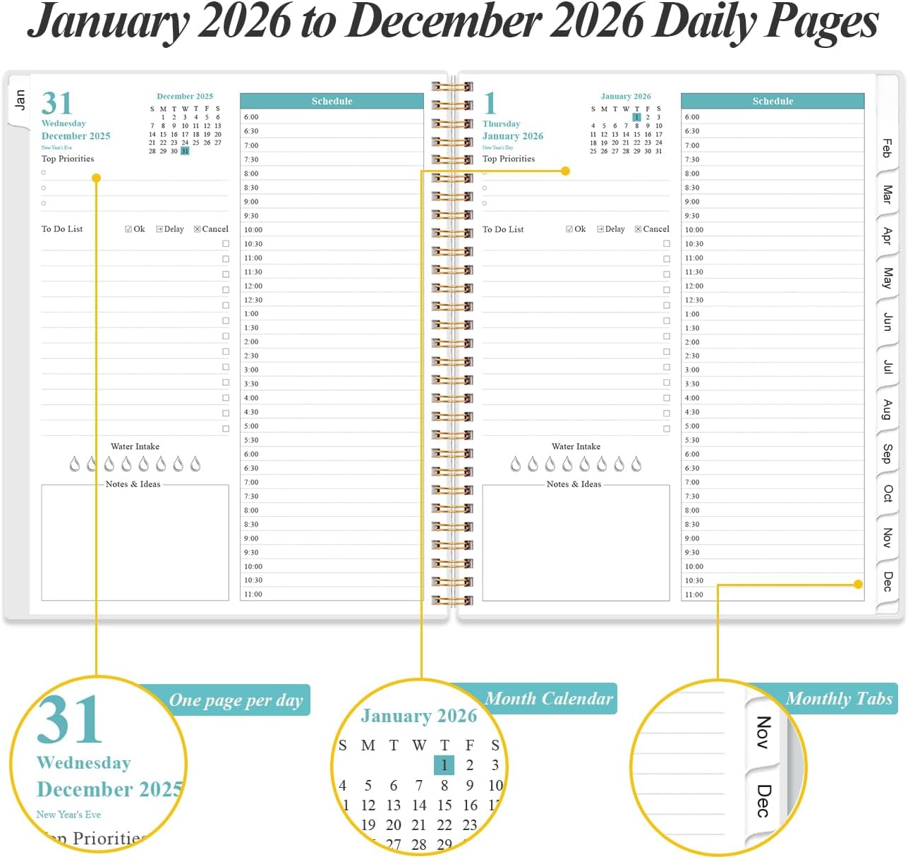 2026 Daily & Monthly Planner - One Page Per Day, Daily Planner from January 2026 - December 2026, Planner 2026 with 12 Monthly Tabs, 8.5" x 11", Rose Flower