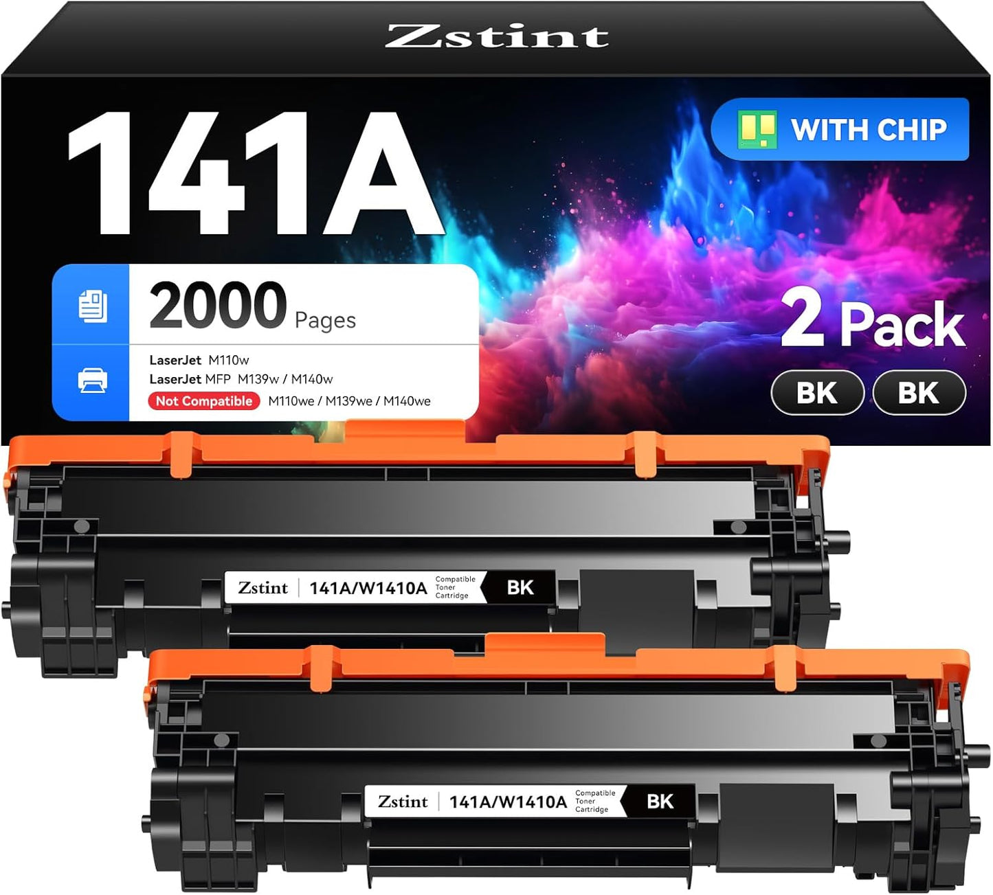 141A W1410A Black Toner Cartridge Set 2-Pack High Yield with Chip Replacement for HP 141A W1410A 141X W1410X Toner Cartridges Compatible with HP Laser Jet Pro M110w MFP M139w M140w Series Printer Ink