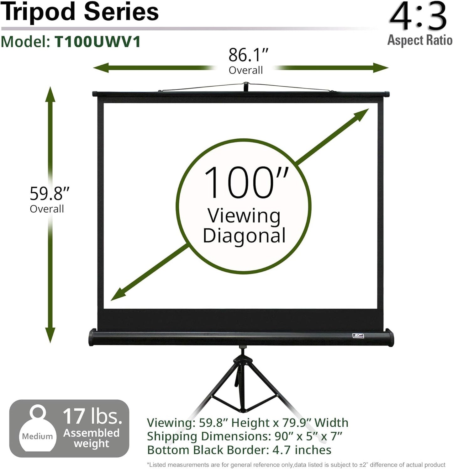 Elite Screens Tripod, 100-Inch 4:3 Portable Projector Screen with Stand– MaxWhite 2, 1.1 Gain, Adjustable Indoor Outdoor Pull Up Projection Screen for Home Theater, Office & Classroom, T100UWV1, Black