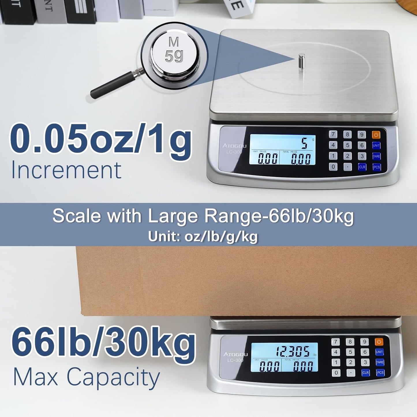 66lb Food Scale, Commercial Kitchen Scale with Price Computing, Plug-in Usable, 0.05oz/1g, 304 Stainless Steel, for Cooking, Vegetables, Farm, Industry, Counting. LC300 Silver