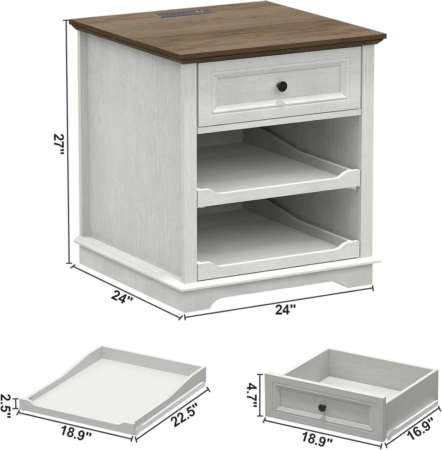 Lateral File Cabinet 3 Drawer File Cabinet with Charging Station, Printer Stand with Open Adjustable Storage Shelves, Lateral Filing Cabinet for Home Office, White