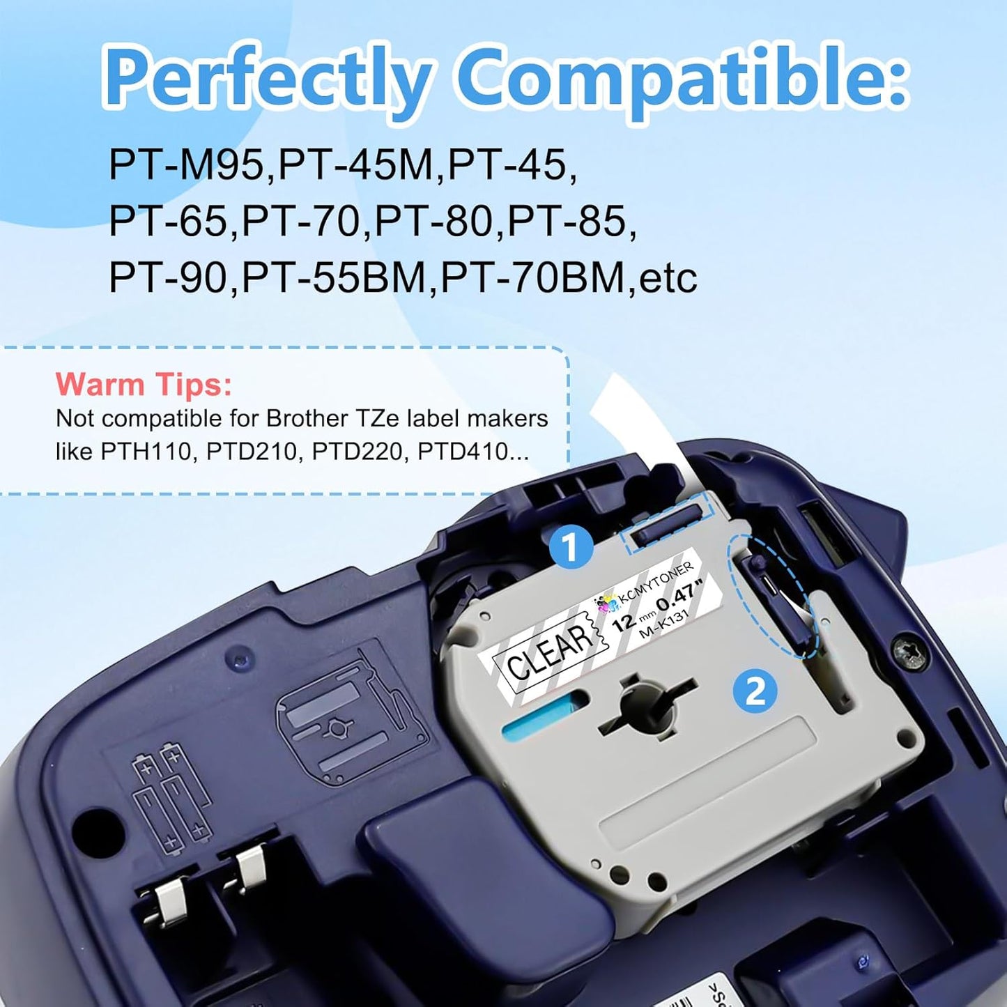 Compatible for Brother P-Touch M Tape M-K131 MK131 M131 MK-131 Black on Clear Label Tape 0.47" (12mm) x 26.2ft for PT-90 PT-M95 PT-70 PT-70BM PT-85 PT-80 PT-45 PT-65 Label Makers, 2 Pack