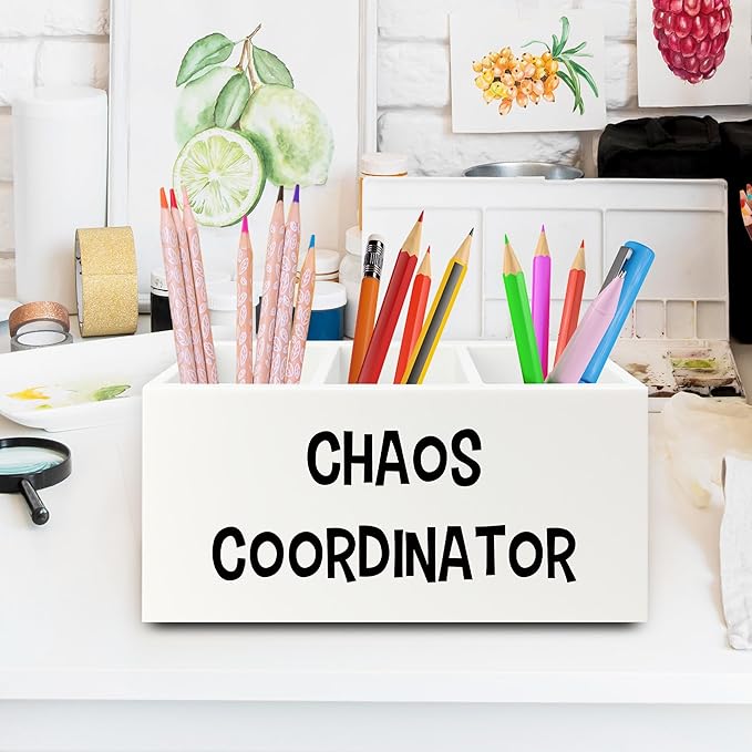 Chaos Coordinator Pen Pencil Holder Organizer for Desk, Thank You Gifts for Women Men Coworkers Boss Leader Manager, Appreciation Gifts Wooden Box Sign for Home Office Desk Tabletop Decorations