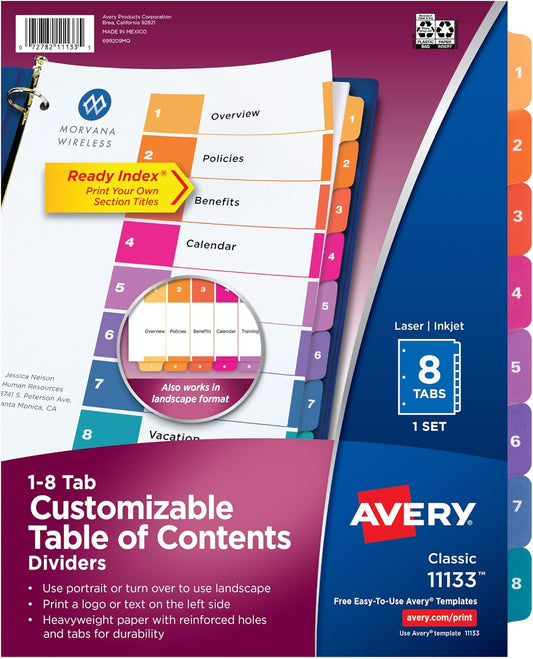 Avery Dividers for 3 Ring Binders, 8 Tabs per Set, Customizable Table of Contents, Multicolor Tabs, Great for Organizing Reports, Projects, and More (11133)