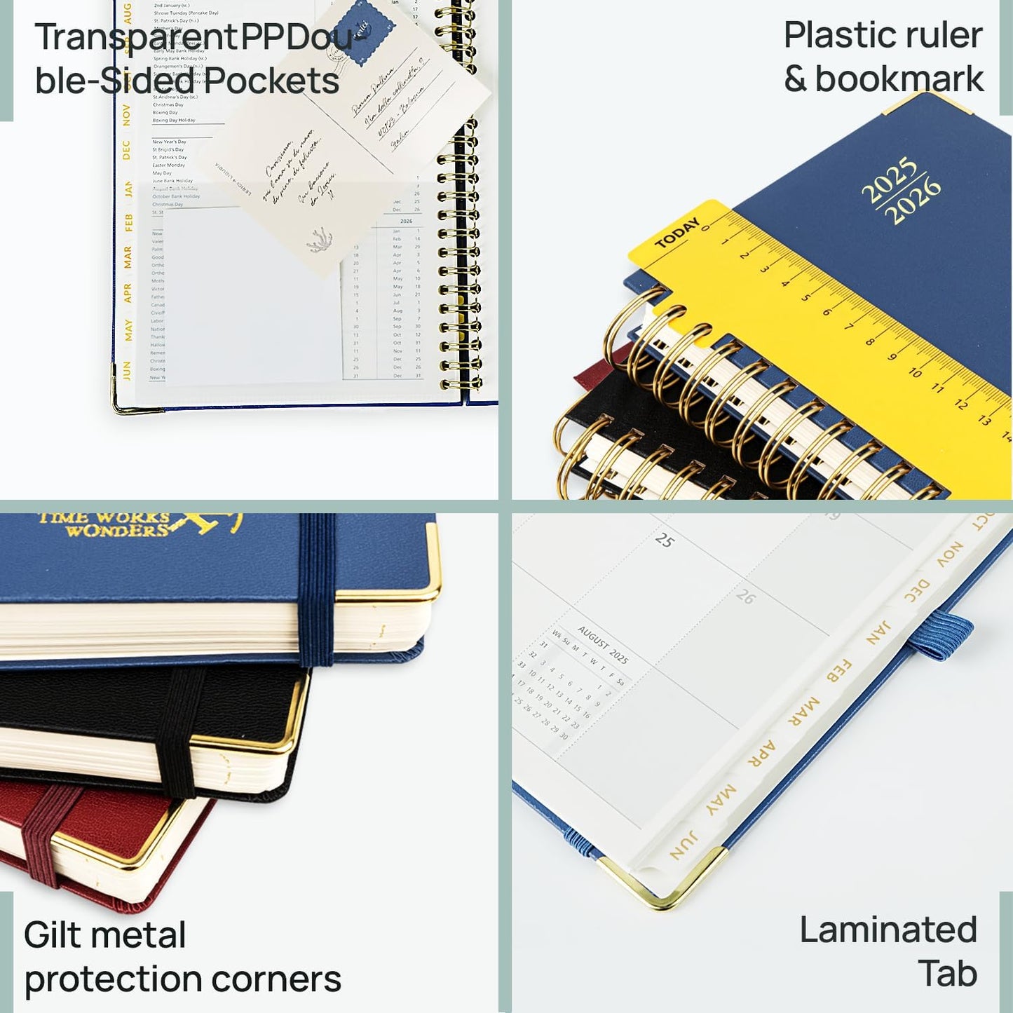 POPRUN Monthly Planner 2025-2026 Spiral Hardcover (8'' x 10''), 18 Months Calendar (Jul.2025 - Dec.2026)- 2 Pages per Month with Dotted Note Pages, Sunday Start, Laminated Tab - Light Pink