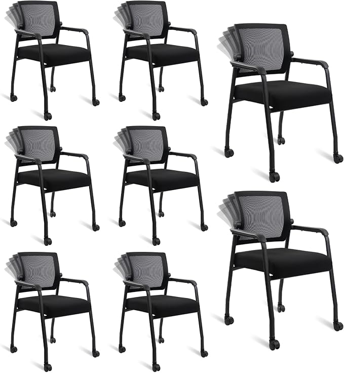 Waiting Room Chairs with Wheels, Adjustable Mesh Backrest, Desk Chair with Ergonomic Lumbar Support and Thickened Seats Cushion, 8 Pack Black