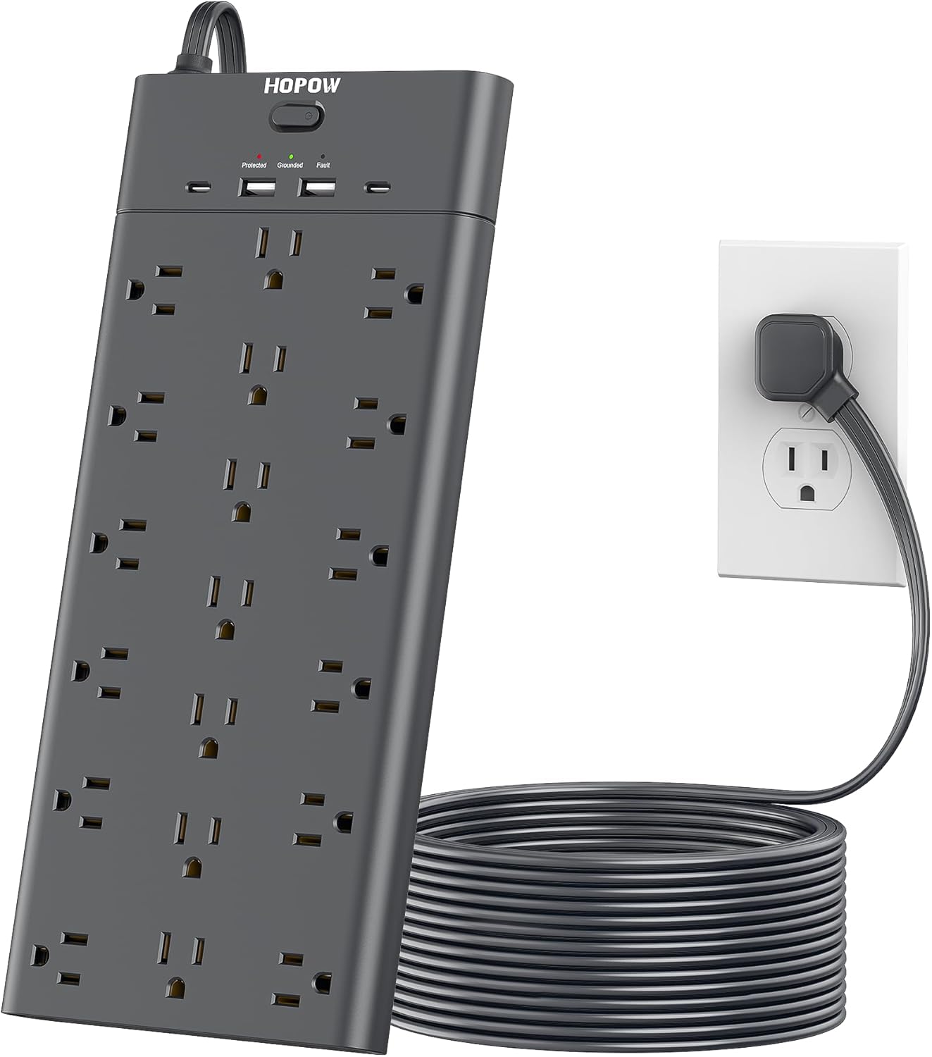 Surge Protector Power Strip with 19 Outlets and 4 USB Ports, HOPOW 15 Ft Flat Plug Heavy Duty Extension Cord, 1875W, 2100J Surge Protection, Wall Mount for Home, Office, Gaming Room, Dorm, Black
