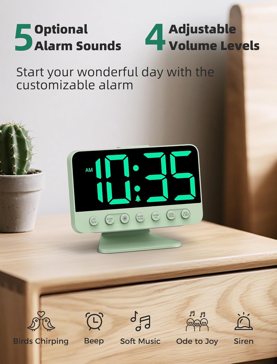Digital Alarm Clocks for Bedrooms: Large Bold Number 5 Brightness Dimmer - Easy to Read Across The Room - 5 Alarm Sound 8 Night Light - Sage Green