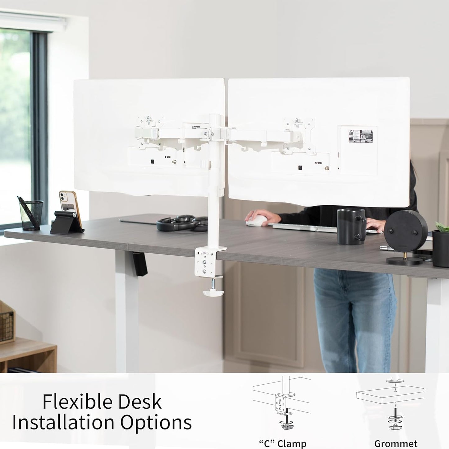 VIVO Dual Monitor Desk Mount, Heavy Duty Fully Adjustable Stand, Fits 2 LCD LED Screens up to 32 inches, White, STAND-V032W