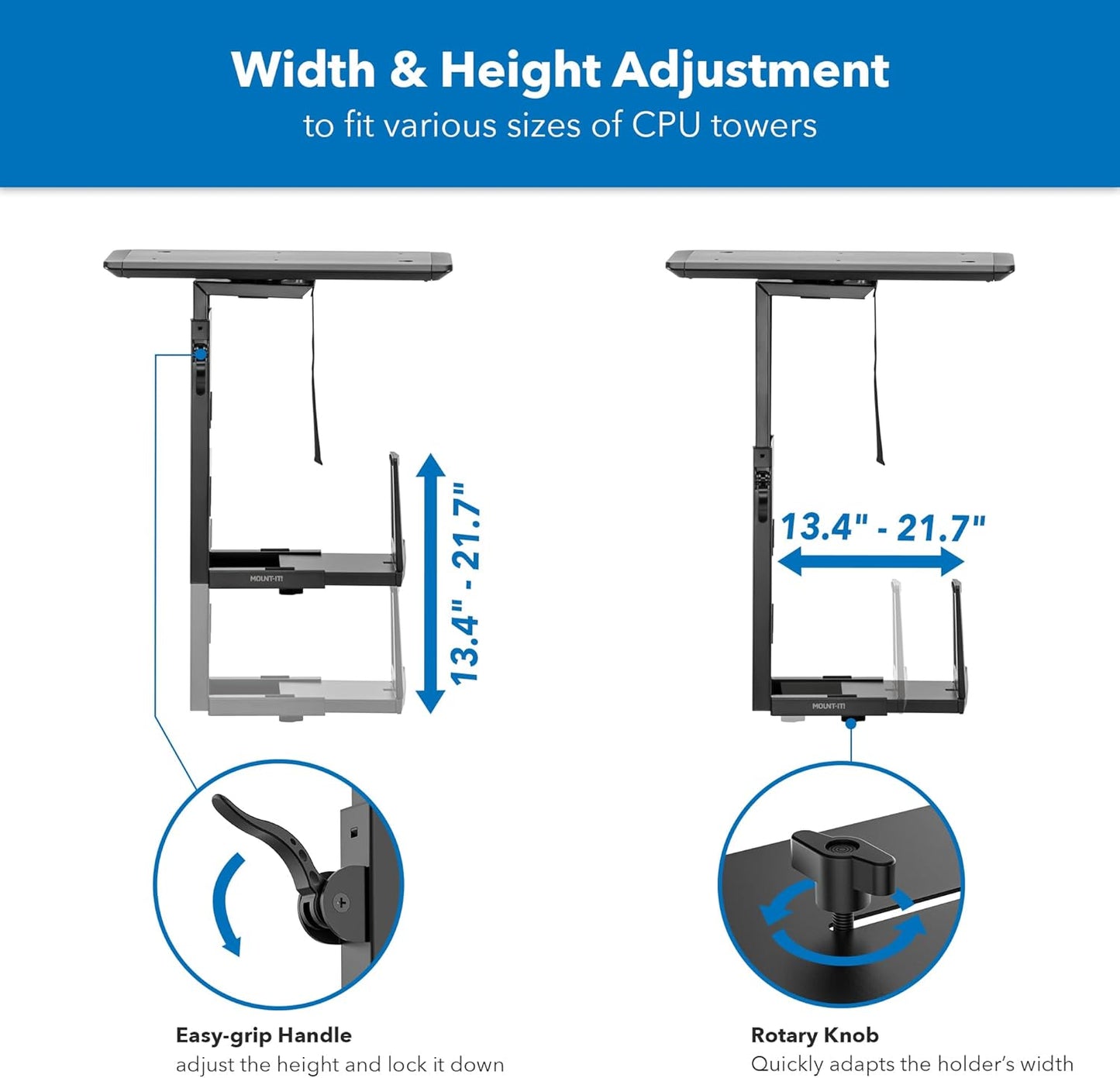 Mount-It! CPU Under Desk Mount Bracket Rack, Adjustable Computer Tower Desk Mount with Sliding Track, 33 lbs Capacity, Black