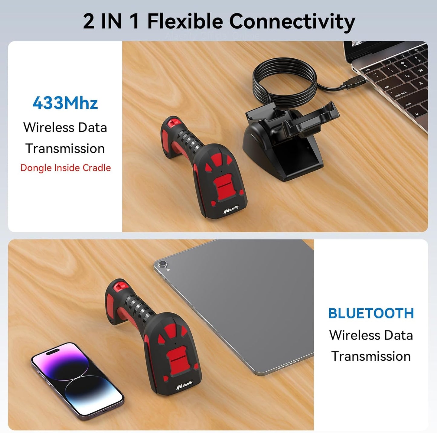 Alacrity Industrial Barcode Scanner, 1D/2D Symbologies, Wireless Charging, Long-Distance 433MHz Wireless & Bluetooth Connectivity, Shock and Dust-Proof Barcode Reader, Green