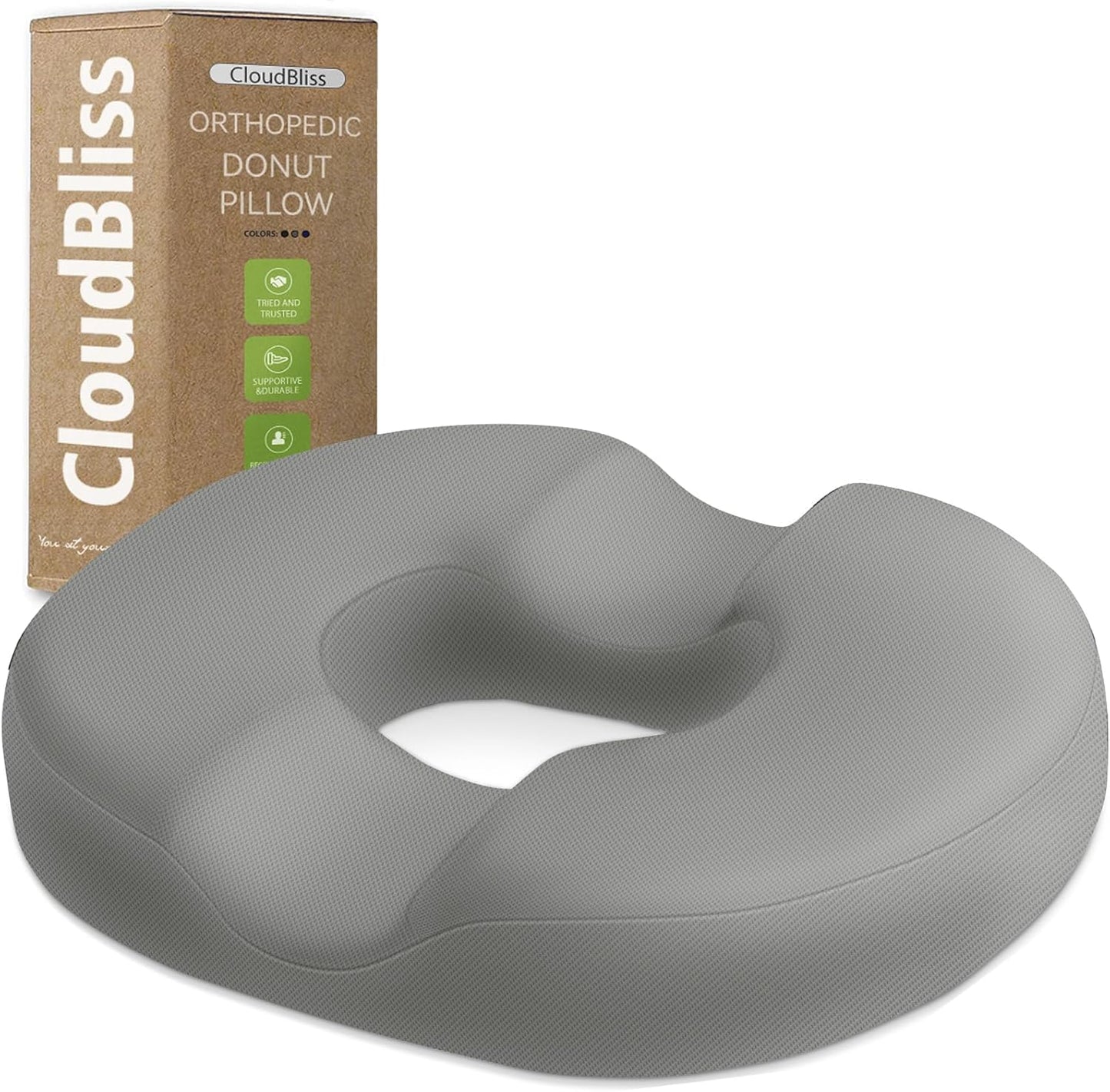 CloudBliss Donut Pillow Seat Cushion Chair Pad for Tailbone Pain Relief and Hemorrhoids, Memory Foam Seat Chair Cushion for Men and Women for Home & Office, (Light Grey)