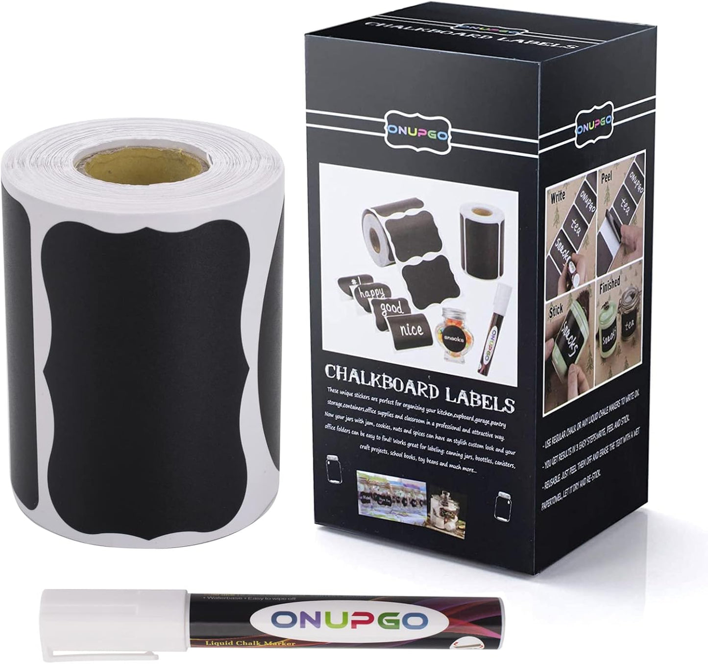 ONUPGO Chalkboard Labels-180pcs Waterproof Reusable Blackboard Stickers with 1 Liquid Chalk Marker for Mason Jars, Parties Decoration, Craft Rooms, Weddings, Storage, Organize Your Home & Kitchen