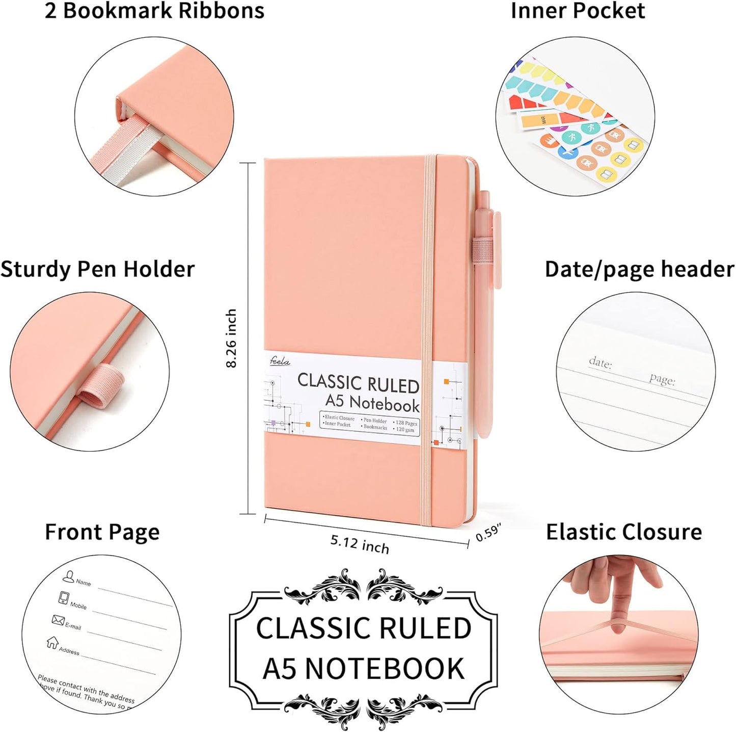 feela 5 Pack Notebooks Journals Bulk, Hardcover Classic Ruled Lined Journals with Pen Holder for Women Girls School Business Supplies, with 5 Black Pens, 120 GSM, 5.1”x8.3”, A5, Light Coral