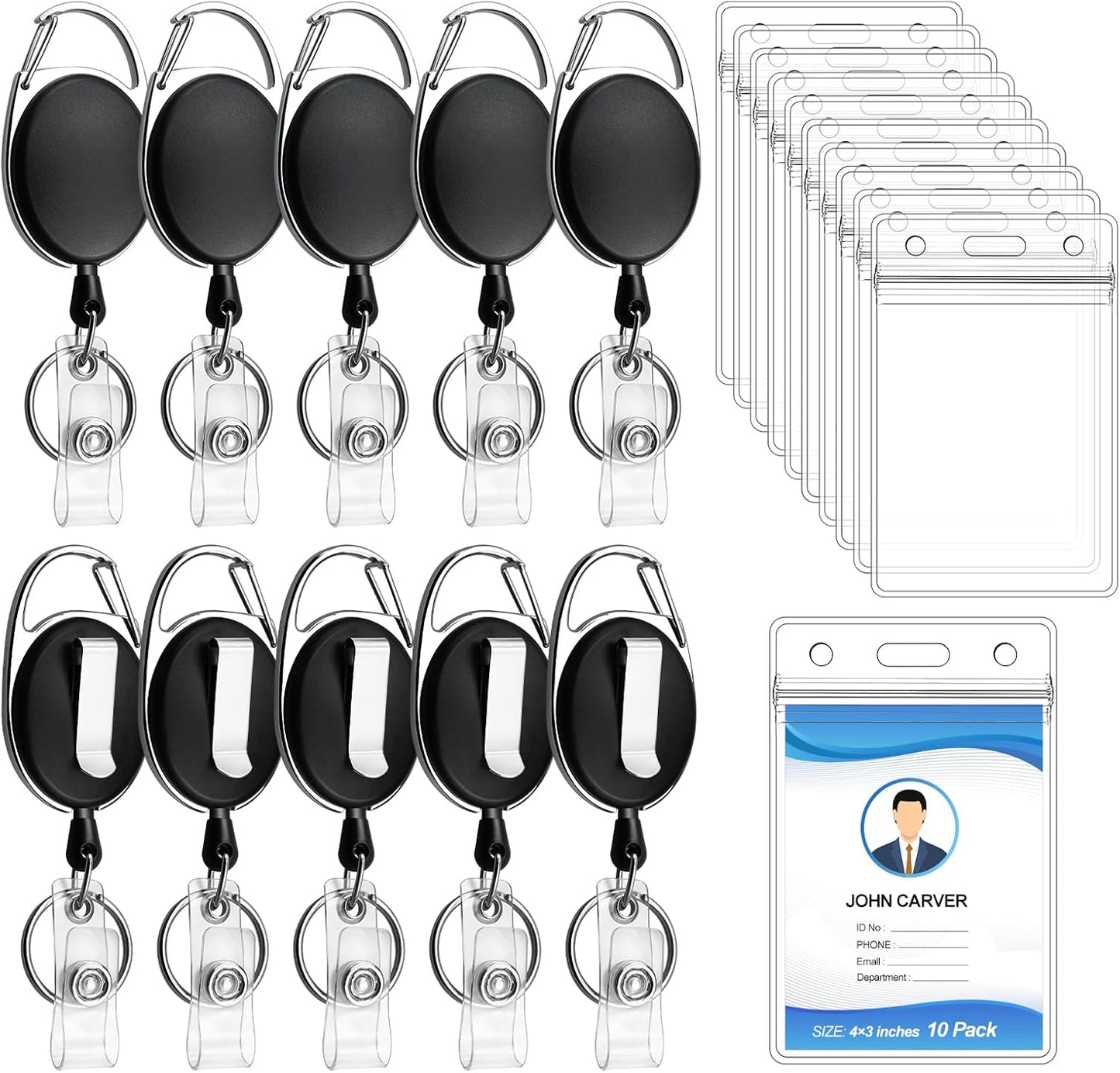 10 Pack Heavy Duty Retractable Badge Reel with Waterproof Vertical Name Badge ID Card Holders and Key Ring for Card Keychain Badge Holder