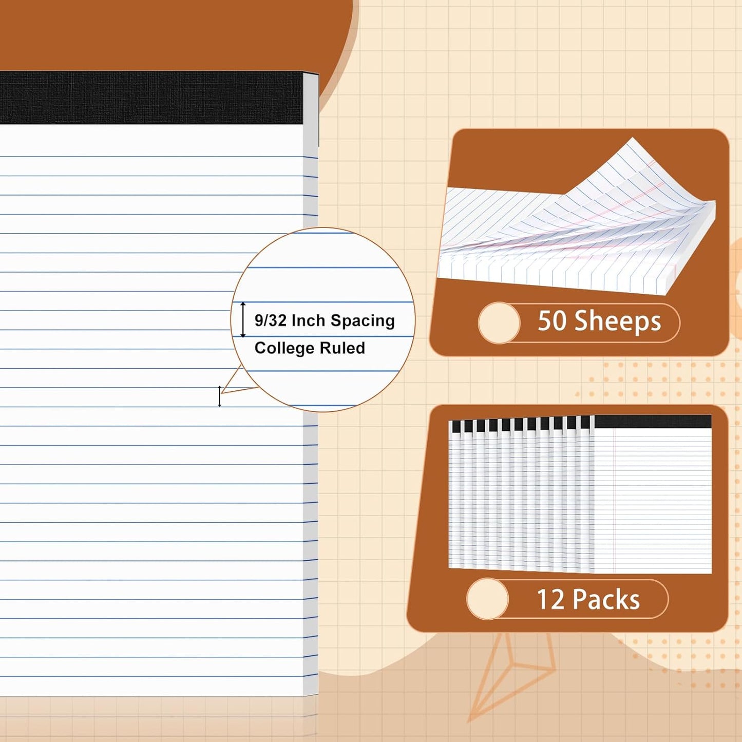 Legal Pads 8.5 X11, Narrow Ruled Notepads, 12 Pack, 50 Sheet/Pad, White Legal Pads, Tear Off Notepad, Perforated Writing Pad, Notebook Paper College Ruled, Notepads for Office Home School, Notepad