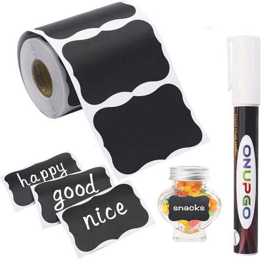 ONUPGO Chalkboard Labels-180pcs Waterproof Reusable Blackboard Stickers with 1 Liquid Chalk Marker for Mason Jars, Parties Decoration, Craft Rooms, Weddings, Storage, Organize Your Home & Kitchen