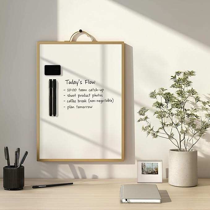 Small Whiteboard 12 x 16 Inch Magnetic Dry Erase Board with Handle | Gold Aluminum Frame | Double-Sided Portable Desktop Board | 2 Markers, Eraser & 2 Magnets
