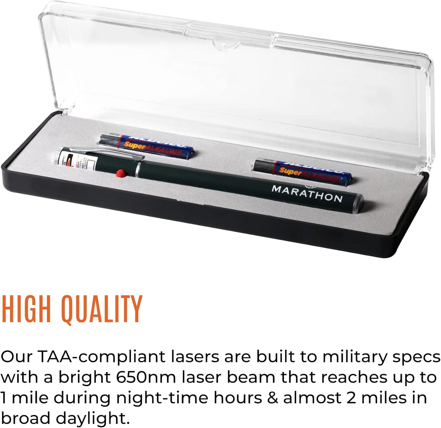 Marathon Laser Pointer, Red - Pen Shaped, Class IIIA Laser - 9,000 ft. Nighttime Range - Two AAA Batteries Included