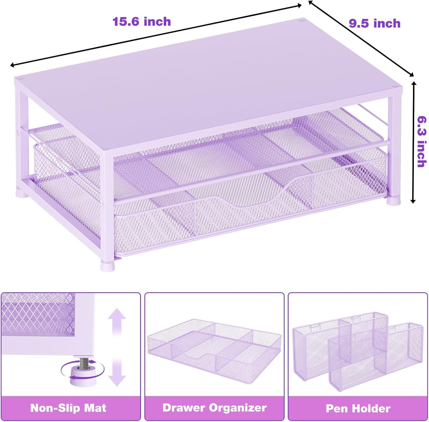 Desk Organizers and Accessories, 2-Tier Computer Monitor Stand Riser with Drawer and 2 Pen Holders, Laptop Stand, Office Desk Accessories for Office Supplies, Purple