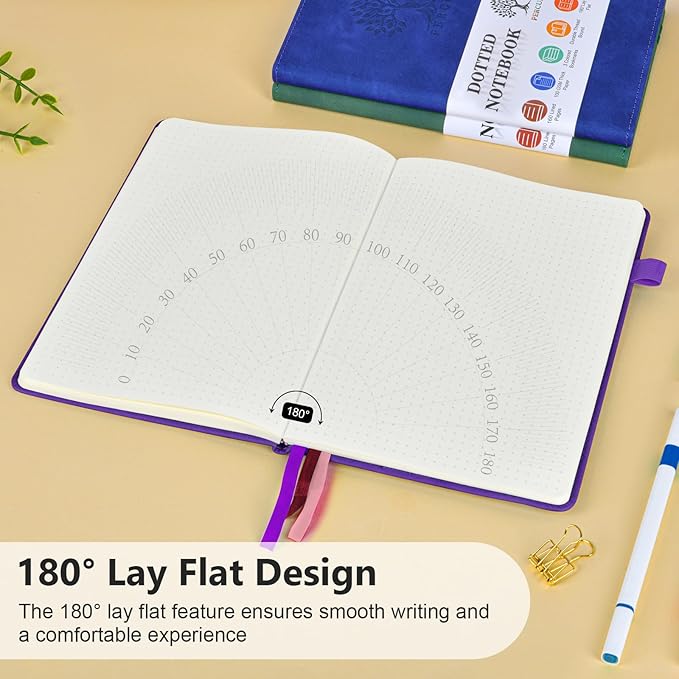PERCUN Dotted Journal Notebook for Men & Women, 160 Pages Dot Grid notebook for Note Taking, Bullet Journaling Notebook for Work, School, Travel, Writing, A5 Hardcover 5.9" x 8.5"(Purple)