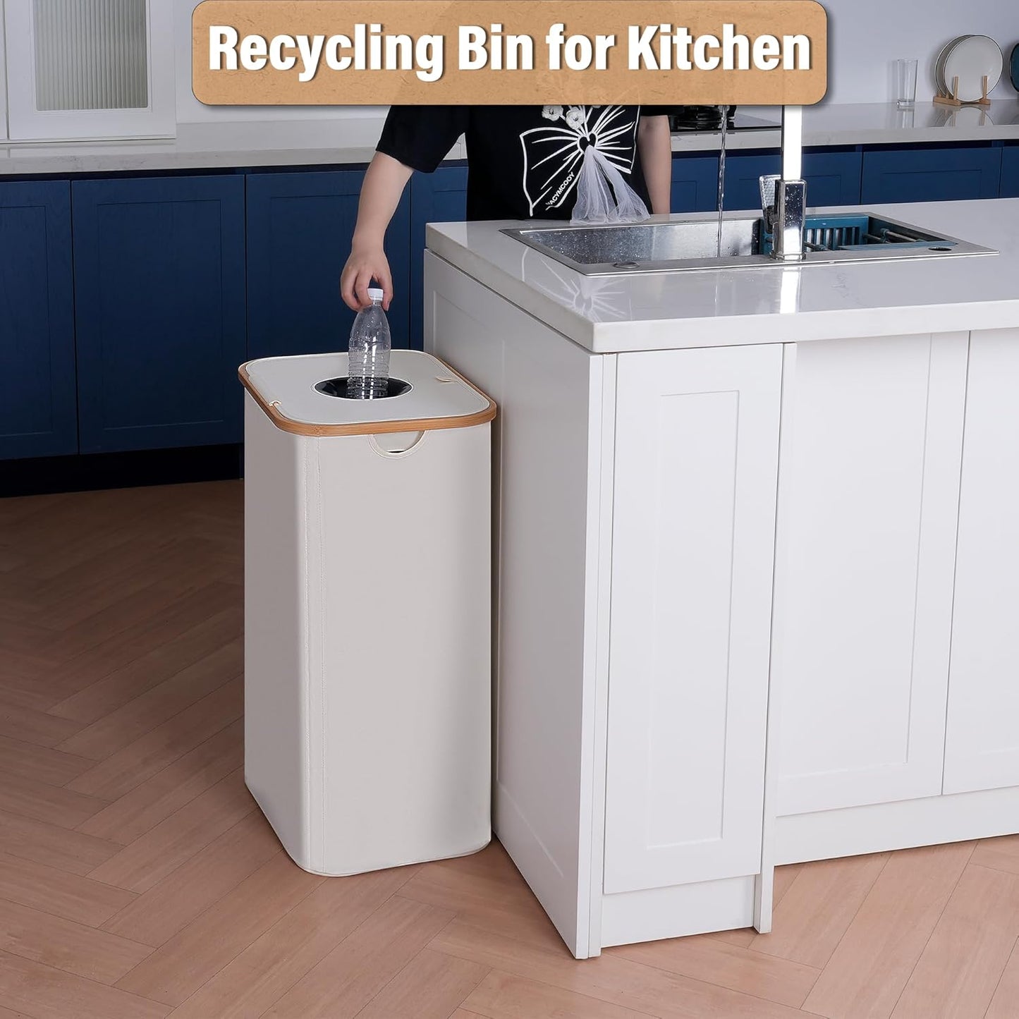 efluky Recycling Bin 100L, 26 Gallon Recycle Bins for Kitchen Indoor Outdoor Home with 2 Removeable and Reusable Inner Bag, Tall Recycle bin for Bottle Can Plastice Stickers (Beige)