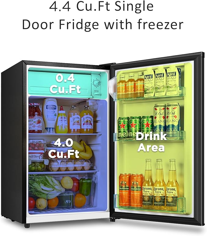 Seaoola Mini Fridge with Freezer, Single Door 4.4 Cu.Ft, Compact Mini Refrigerator, LED Light, Adjustable Thermostat, Removable Glass Shelves, Small Refrigerator for Dorm/Office/Bedroom(Black)