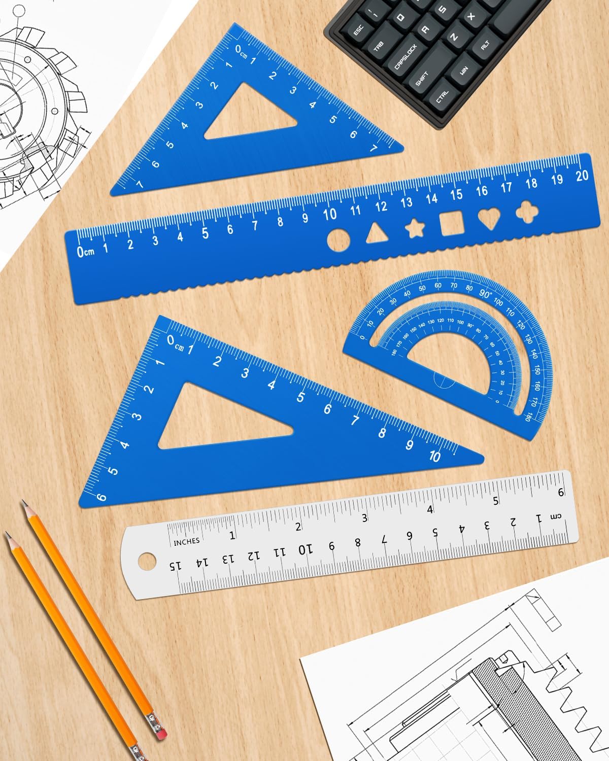 Honagu Triangular Ruler Set, 4+1Pieces Aluminum Alloy Ruler, Metal Drafting Ruler, Geometric Protractor for Students, School Office Supplies (Sky blue, 20cm)