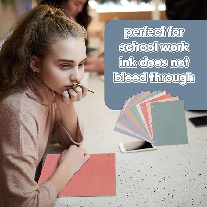 PerKoop 12 Pack 600 Sheets Colored Lined Paper Bulk Wide Ruled 8 x 10.5 Inches, Pastel Loose Leaf Notebook Paper 3 Hole Punched Filler for Back School Classroom Supplies(Retro Color)