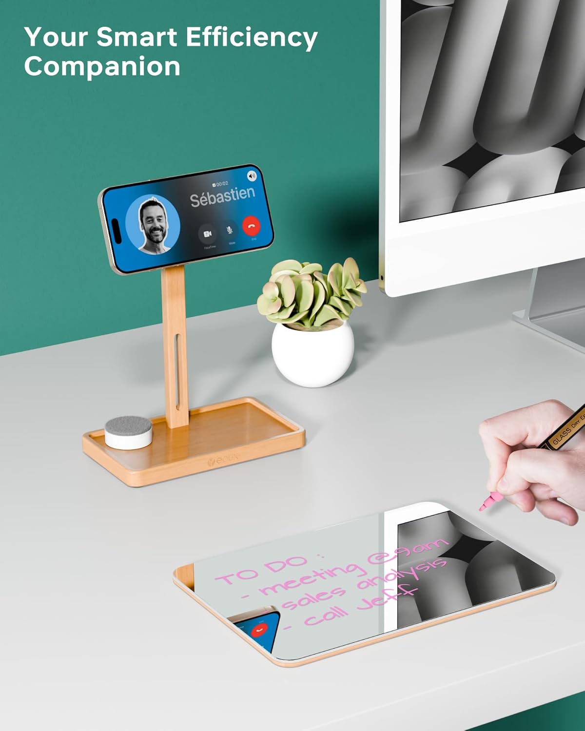 YEOUX Premium Desktop Glass Mirror, Dry Erase Board & Magnetic Phone Stand 3-in-1 | 360° Adjustable | Solid Wood | MagSafe Compatible, Small Whiteboard for Office Home Desk