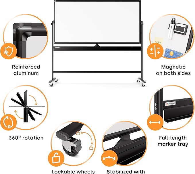 Rolling Dry Erase Board 70 x 36 - Large Portable Magnetic Whiteboard with Stand - Double Sided Easel Style Whiteboard with Wheels - Mobile Standing White Board for Office, Classroom & Home